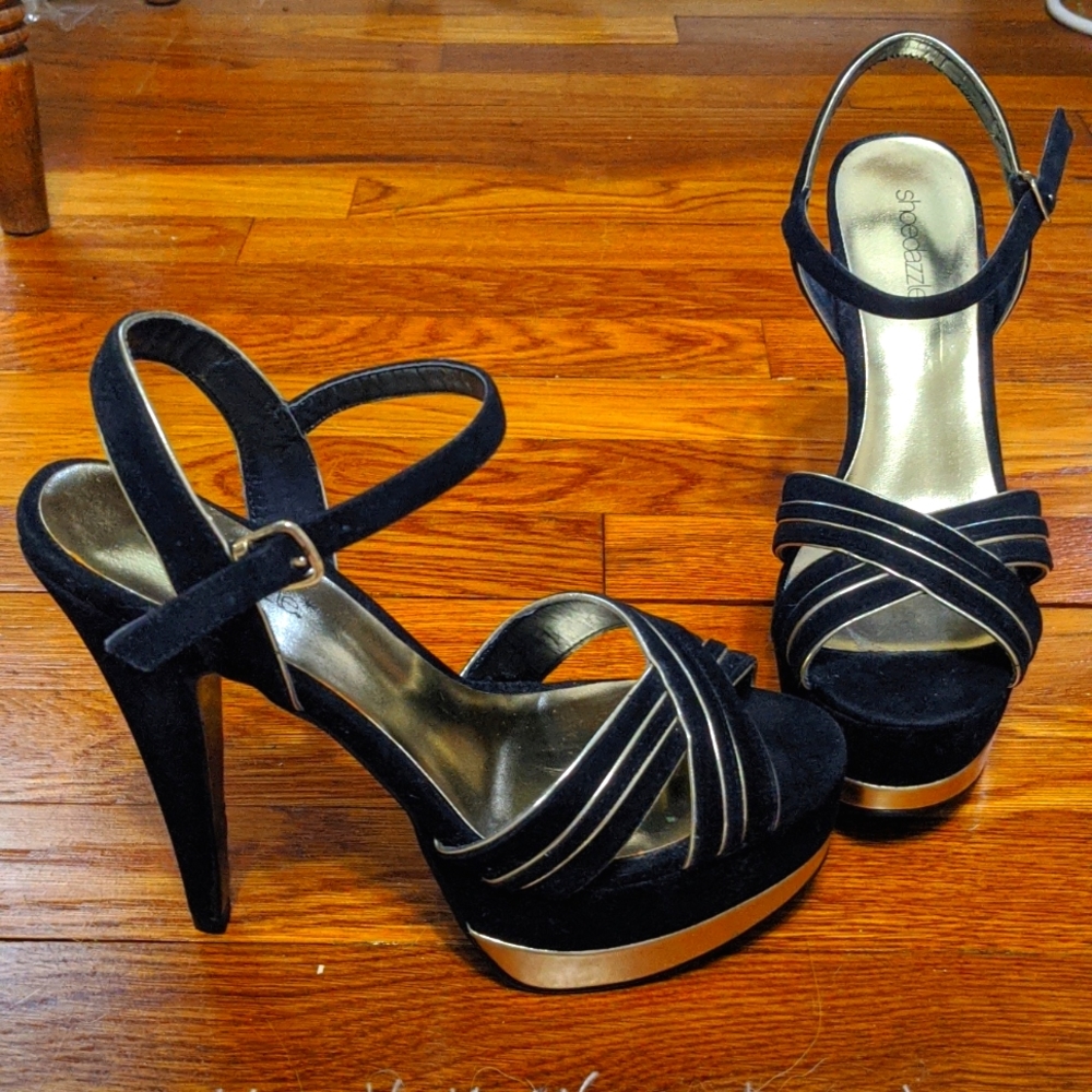 Black and gold suede heels